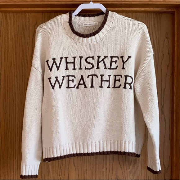 moon & madison Sweaters - moon & madison Cream Sweater with Brown Trim and 'WHISKEY WEATHER' Text